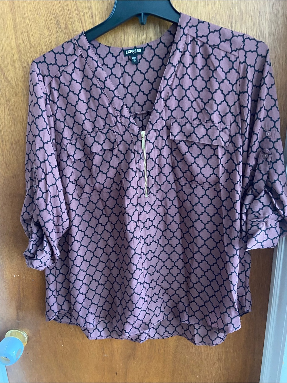 Express Women's Mauve Patterned Zip-Front Blouse Size XL